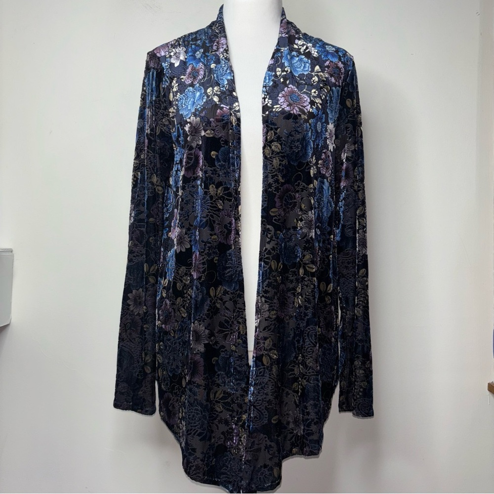 ZOA Velvet Burnout Iridescent Floral Open Cardigan M Lagenlook Boho Goth Fairy